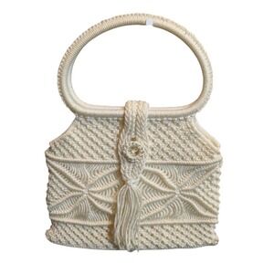 Macrame Handbag Cream Off White Tassel Boho Crochet Top Handle Bag
